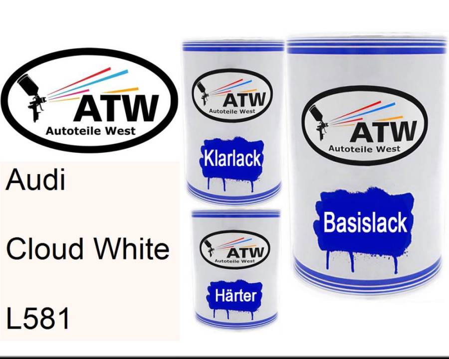 Audi, Cloud White, L581: 500ml Lackdose + 500ml Klarlack + 250ml Härter - Set, von ATW Autoteile West.